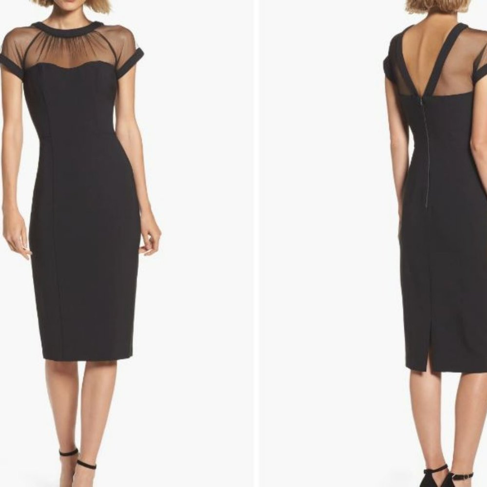 Maggie London Black Wiggle Illusion Dot Dress with V-Back Neckline
